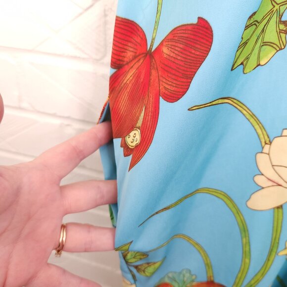 Natori Aqua Blue Lotus Flower V-neck Satin Caftan Pullover Pockets Muumuu L - Picture 7 of 9